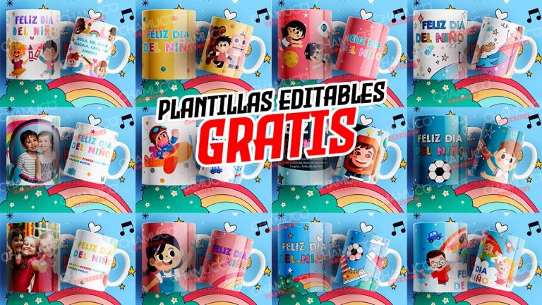 12 Plantillas para Sublimar Tazas Dia del Niño Feliz con Editables y