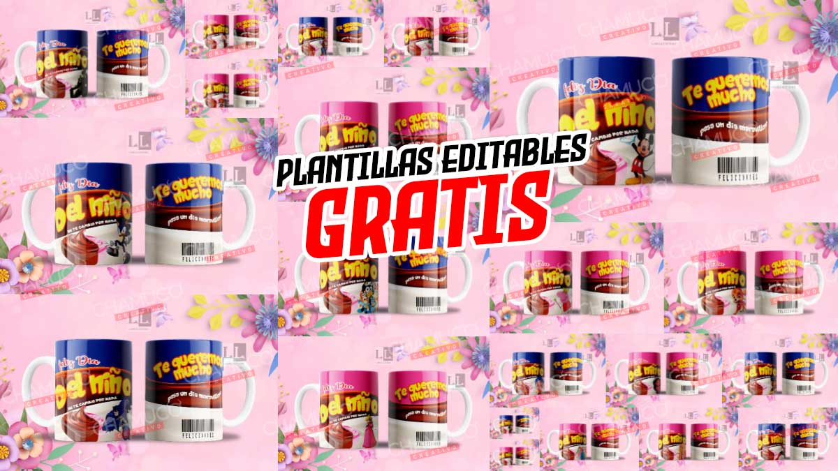 12 Plantillas para Sublimar Tazas Dia del Niño Feliz con Editables y