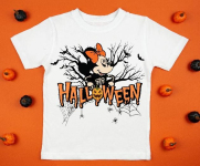 White womens cotton t-shirt halloween mockup with pumpkins on orange background. Design t shirt template, print presentation mock up. Top view flat lay.