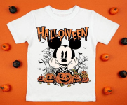 White womens cotton t-shirt halloween mockup with pumpkins on orange background. Design t shirt template, print presentation mock up. Top view flat lay.