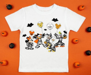 White womens cotton t-shirt halloween mockup with pumpkins on orange background. Design t shirt template, print presentation mock up. Top view flat lay.