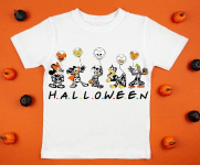 White womens cotton t-shirt halloween mockup with pumpkins on orange background. Design t shirt template, print presentation mock up. Top view flat lay.