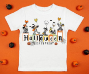 White womens cotton t-shirt halloween mockup with pumpkins on orange background. Design t shirt template, print presentation mock up. Top view flat lay.