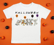 White womens cotton t-shirt halloween mockup with pumpkins on orange background. Design t shirt template, print presentation mock up. Top view flat lay.