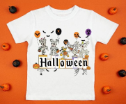 White womens cotton t-shirt halloween mockup with pumpkins on orange background. Design t shirt template, print presentation mock up. Top view flat lay.