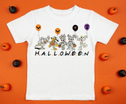 White womens cotton t-shirt halloween mockup with pumpkins on orange background. Design t shirt template, print presentation mock up. Top view flat lay.