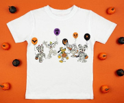 White womens cotton t-shirt halloween mockup with pumpkins on orange background. Design t shirt template, print presentation mock up. Top view flat lay.