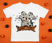 White womens cotton t-shirt halloween mockup with pumpkins on orange background. Design t shirt template, print presentation mock up. Top view flat lay.