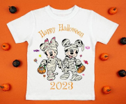 White womens cotton t-shirt halloween mockup with pumpkins on orange background. Design t shirt template, print presentation mock up. Top view flat lay.