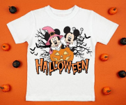 White womens cotton t-shirt halloween mockup with pumpkins on orange background. Design t shirt template, print presentation mock up. Top view flat lay.