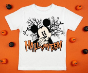 White womens cotton t-shirt halloween mockup with pumpkins on orange background. Design t shirt template, print presentation mock up. Top view flat lay.