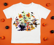 White womens cotton t-shirt halloween mockup with pumpkins on orange background. Design t shirt template, print presentation mock up. Top view flat lay.