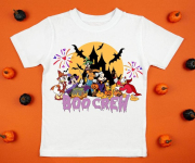 White womens cotton t-shirt halloween mockup with pumpkins on orange background. Design t shirt template, print presentation mock up. Top view flat lay.