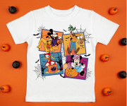 White womens cotton t-shirt halloween mockup with pumpkins on orange background. Design t shirt template, print presentation mock up. Top view flat lay.