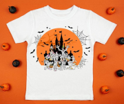 White womens cotton t-shirt halloween mockup with pumpkins on orange background. Design t shirt template, print presentation mock up. Top view flat lay.