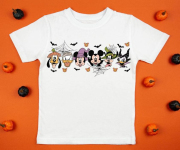 White womens cotton t-shirt halloween mockup with pumpkins on orange background. Design t shirt template, print presentation mock up. Top view flat lay.