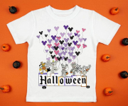 White womens cotton t-shirt halloween mockup with pumpkins on orange background. Design t shirt template, print presentation mock up. Top view flat lay.