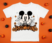 White womens cotton t-shirt halloween mockup with pumpkins on orange background. Design t shirt template, print presentation mock up. Top view flat lay.