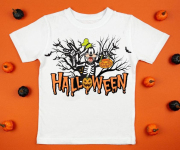 White womens cotton t-shirt halloween mockup with pumpkins on orange background. Design t shirt template, print presentation mock up. Top view flat lay.