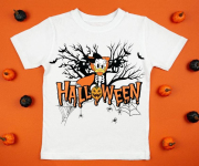 White womens cotton t-shirt halloween mockup with pumpkins on orange background. Design t shirt template, print presentation mock up. Top view flat lay.