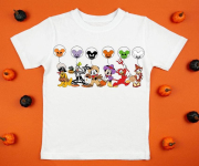 White womens cotton t-shirt halloween mockup with pumpkins on orange background. Design t shirt template, print presentation mock up. Top view flat lay.