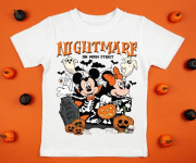 White womens cotton t-shirt halloween mockup with pumpkins on orange background. Design t shirt template, print presentation mock up. Top view flat lay.