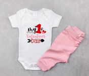 White baby girl bodysuit mockup flat lay with pink panties on the gray concrete background. Design onesie template, print presentation mock up. Top view.