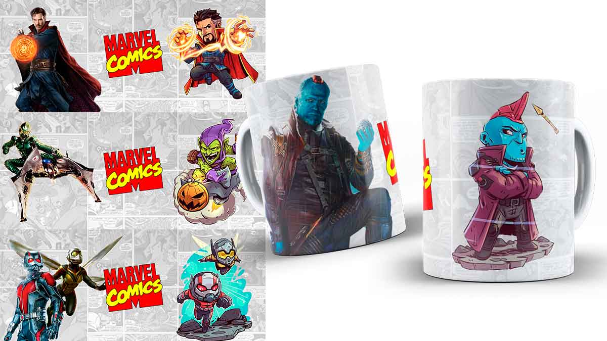 30 plantillas de superhéroes Marvel para sublimar en taza