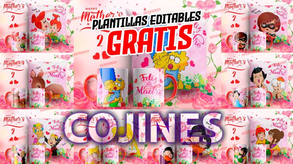 Plantillas para Sublimar Cojin Mamá Cartoon con Editables y Mockups