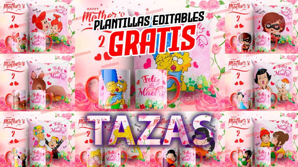 Plantillas para Sublimar Tazas Mamá Cartoon con Editables y Mockups