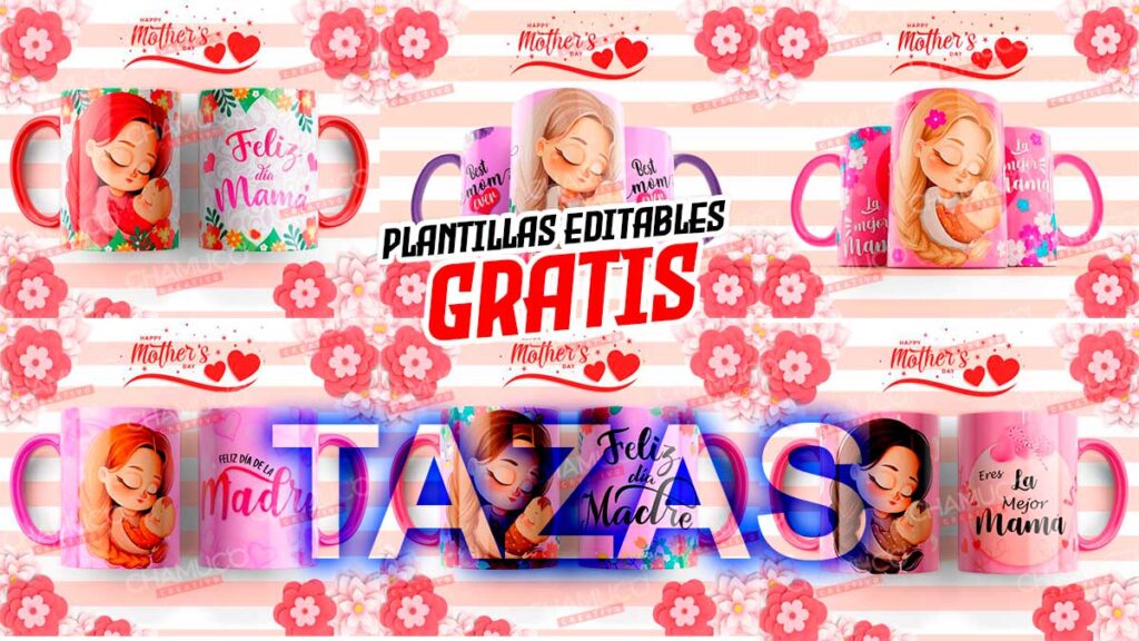 Plantillas para Sublimar Tazas Abrazo Mamá con Editables y Mockups